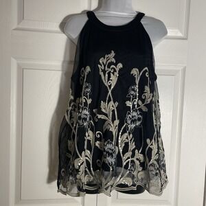 Alfani Sleeveless Mesh Overlay Shirt Women Petite XL Black Floral Sequins Fairy